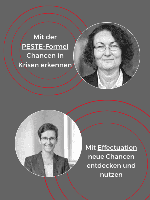 Ankündigung der Themen, die wir im Angebot haben: Mit der Peste Formel neue Chancen in Krisen erkennen, mit Effectuation neue Chancen entdecken und nutzen